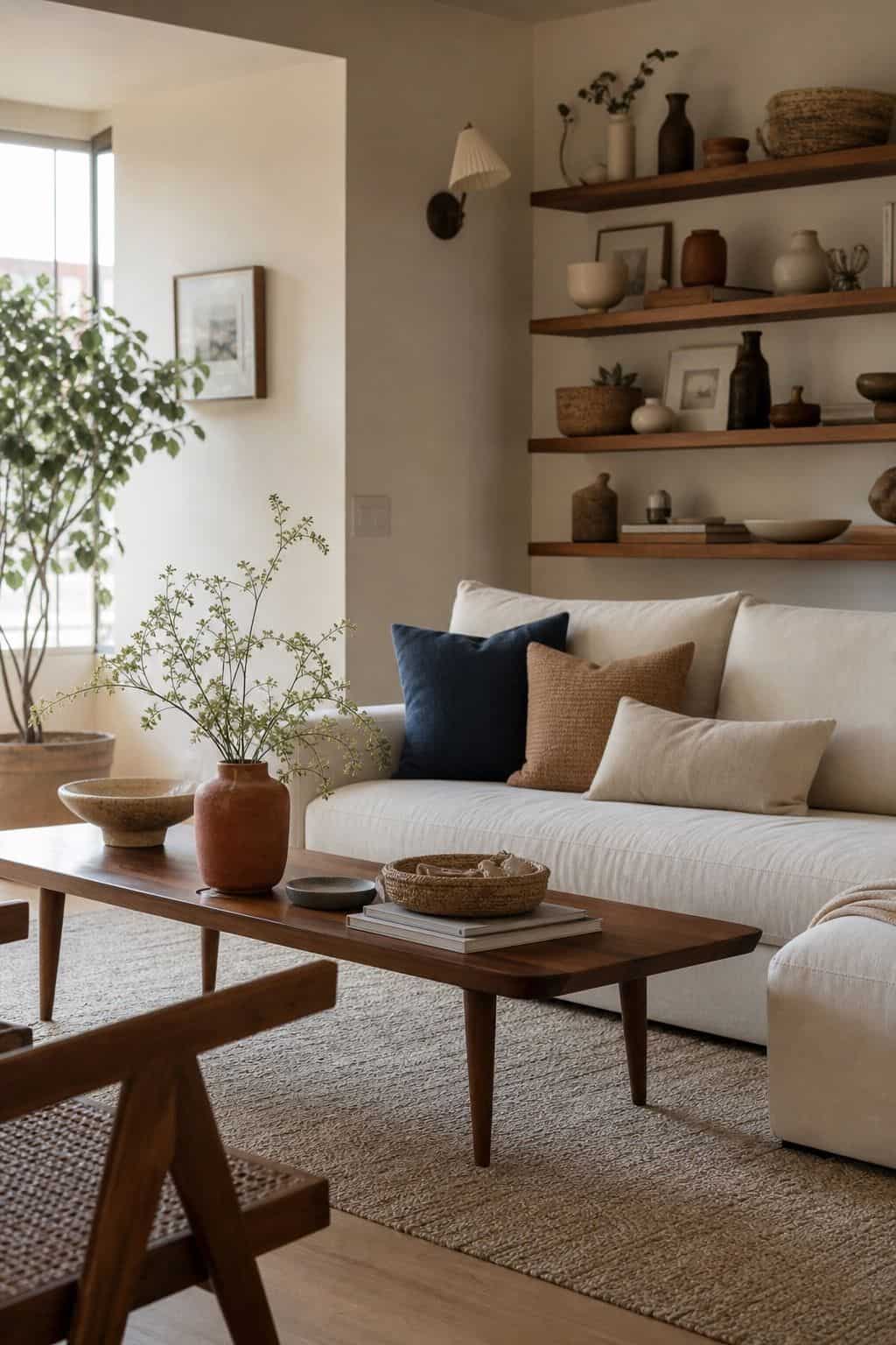 Cohesive cream and sand living room with walnut shelving, rust vase, deep blue pillow, and woven basket