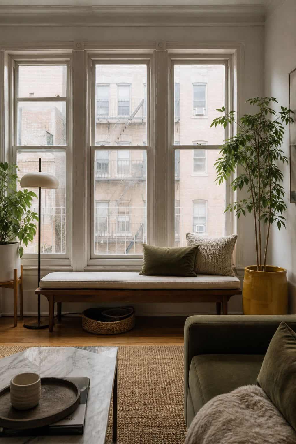 Bench at the Window for Layered Seating sunroom furniture idea for small spaces