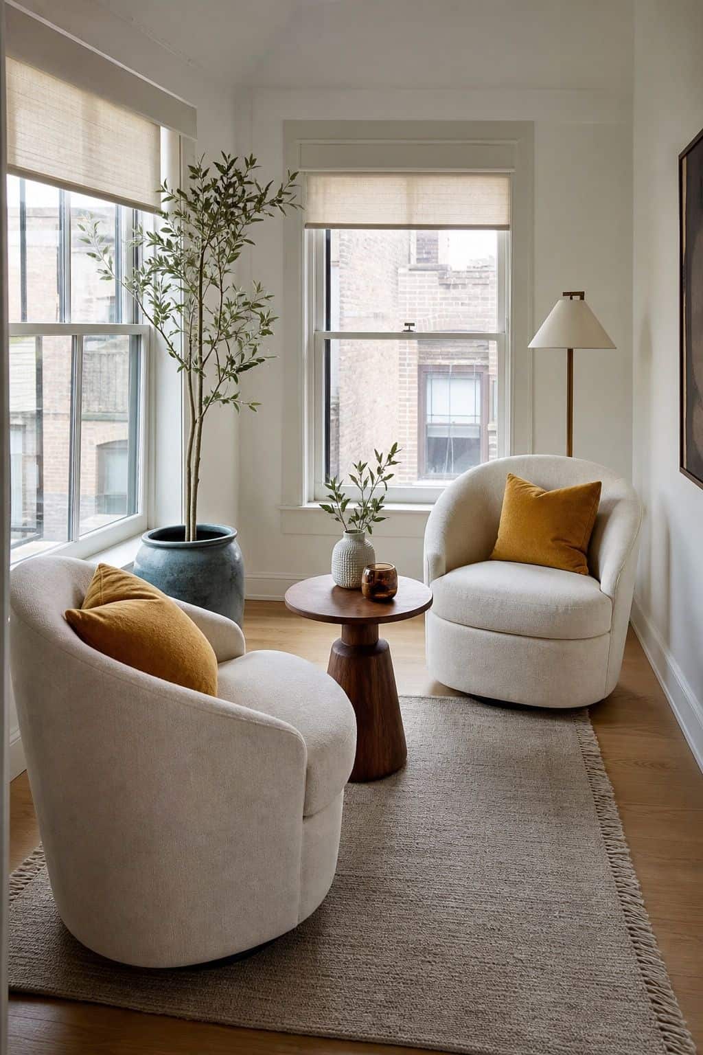 Pair of Swivel Chairs for Conversation Flexibility sunroom furniture idea for small spaces