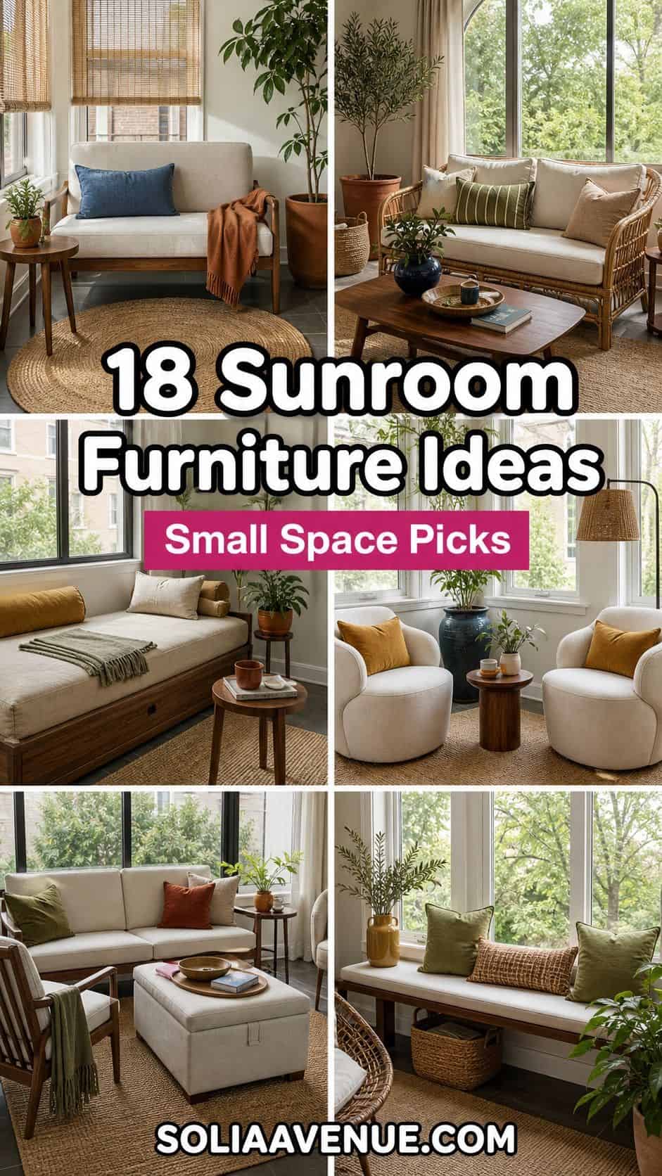 Pinterest pin for 18 sunroom furniture ideas for small spaces