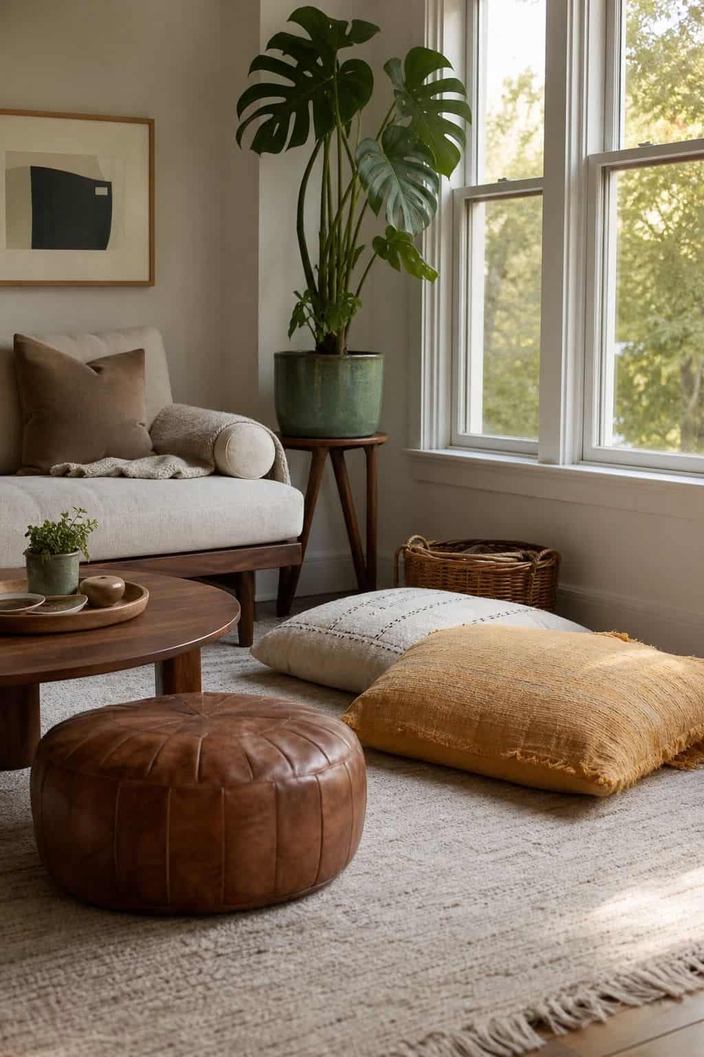 Pouf or Floor Cushion for Boho Sunrooms sunroom furniture idea for small spaces