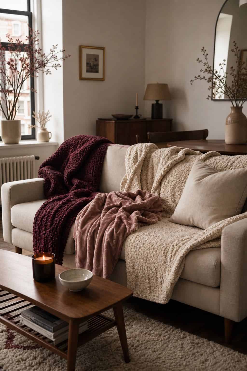 8. Layer Throws in Burgundy and Blush - Valentines Day decorating ideas for a cozy romantic home