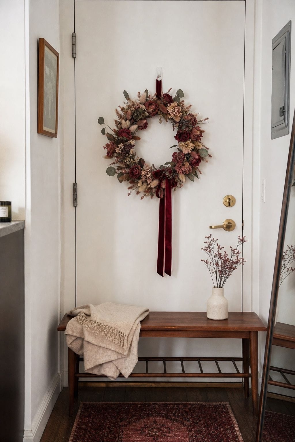 1. Hang a Dried Floral Wreath on the Door - Valentines Day decorating ideas for a cozy romantic home