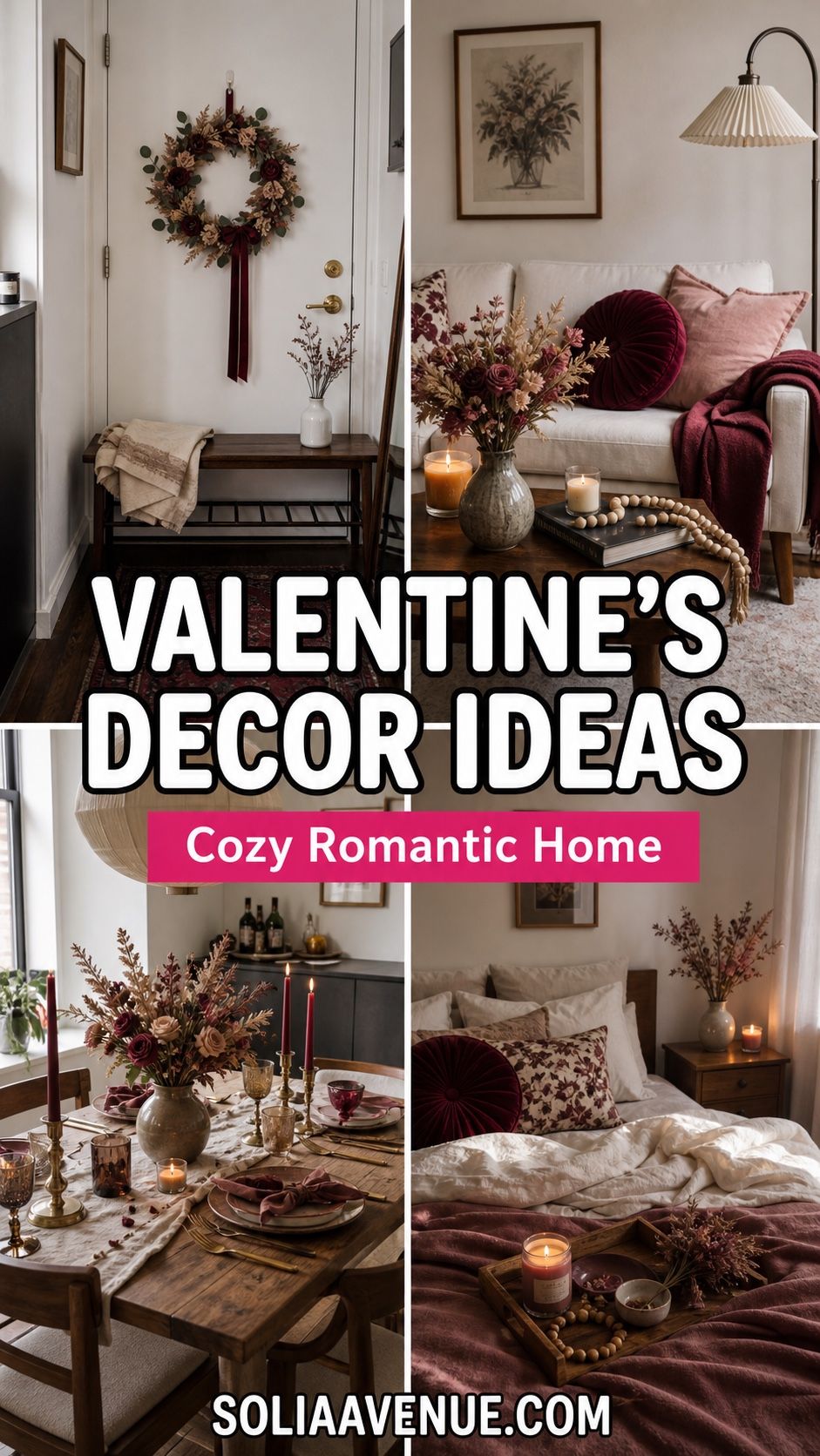 Pinterest pin for Valentines Day decorating ideas with cozy romantic home decor scenes