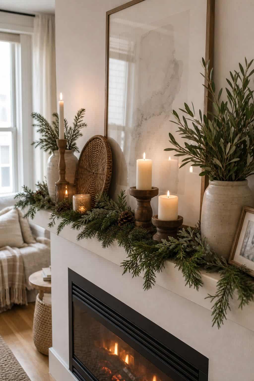 Layer Greenery, Texture, and Candlelight small apartment idea for Top 17 Winter Mantle Decor Ideas for Small Spaces.