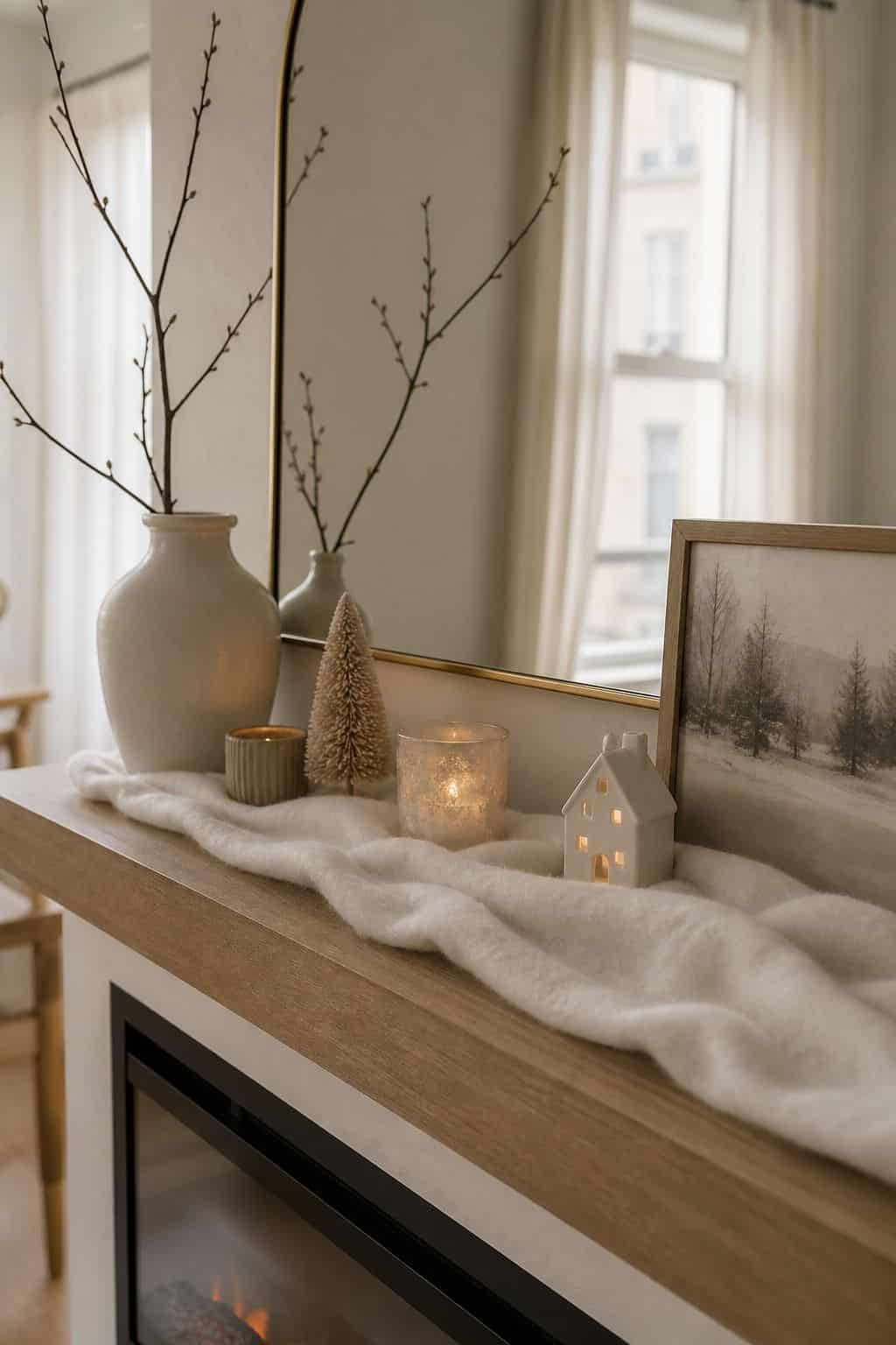 Create a Snow-Drift Base small apartment idea for Top 17 Winter Mantle Decor Ideas for Small Spaces.