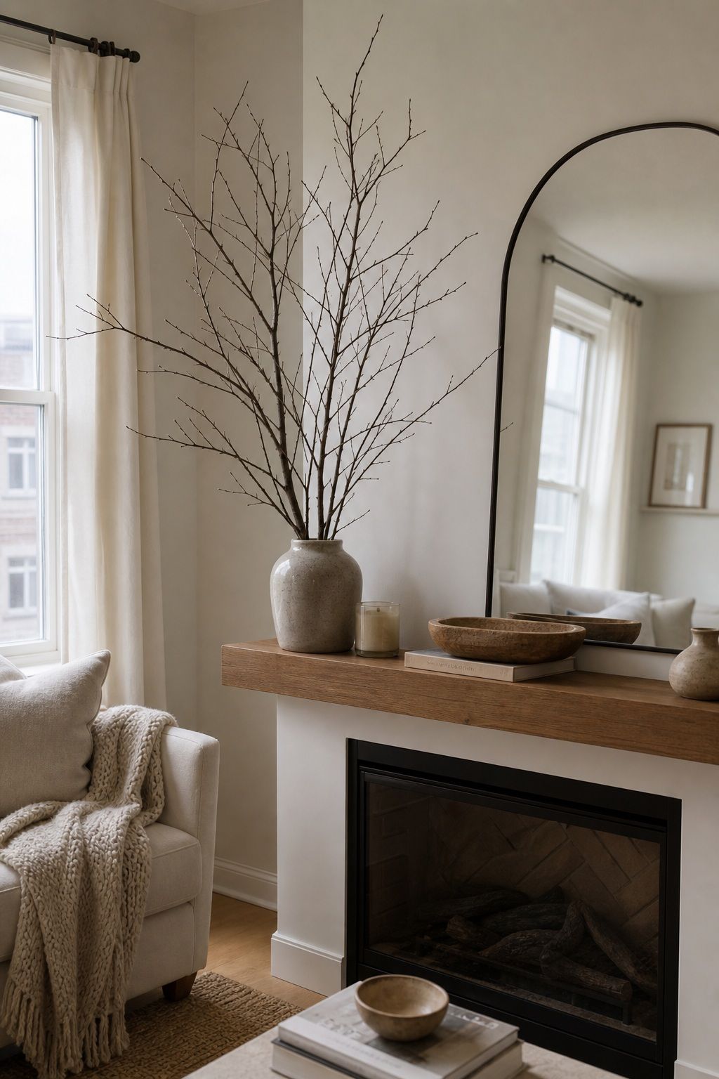 Add Bare Twigs and Branches for Height small apartment idea for Top 17 Winter Mantle Decor Ideas for Small Spaces.