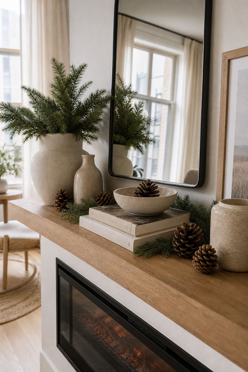 Scatter Pinecones for Natural Texture small apartment idea for Top 17 Winter Mantle Decor Ideas for Small Spaces.