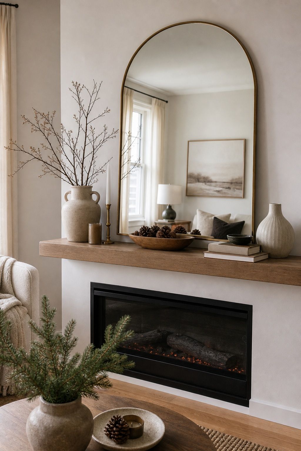Add a Mirror or Calm Art Backdrop small apartment idea for Top 17 Winter Mantle Decor Ideas for Small Spaces.