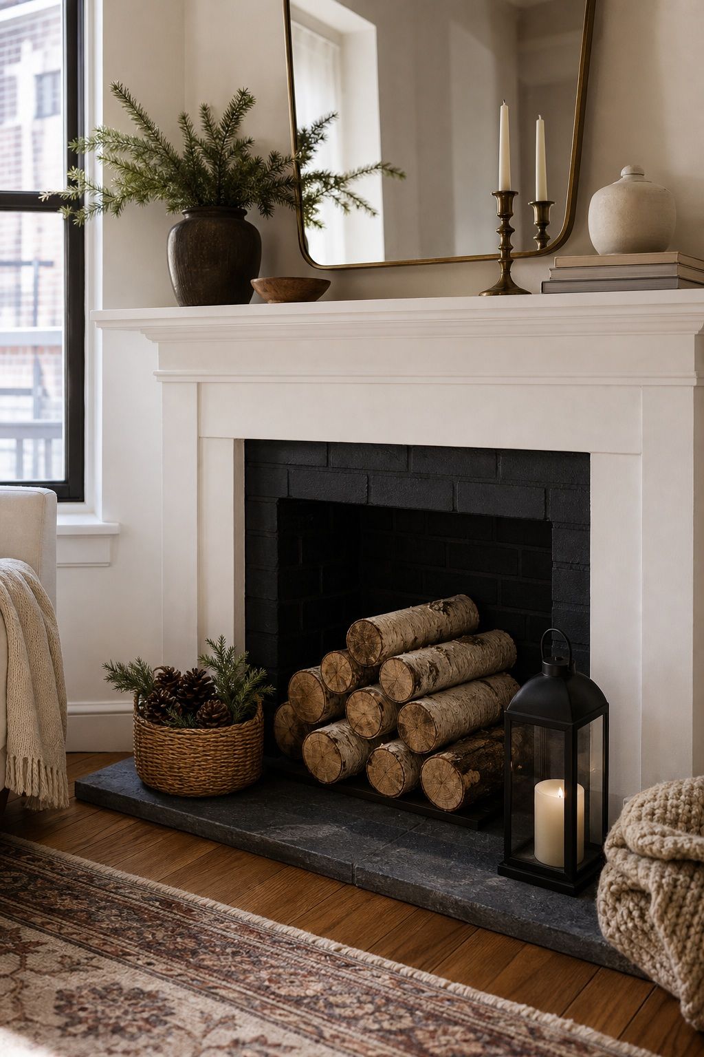 Style the Firebox Below for Winter small apartment idea for Top 17 Winter Mantle Decor Ideas for Small Spaces.