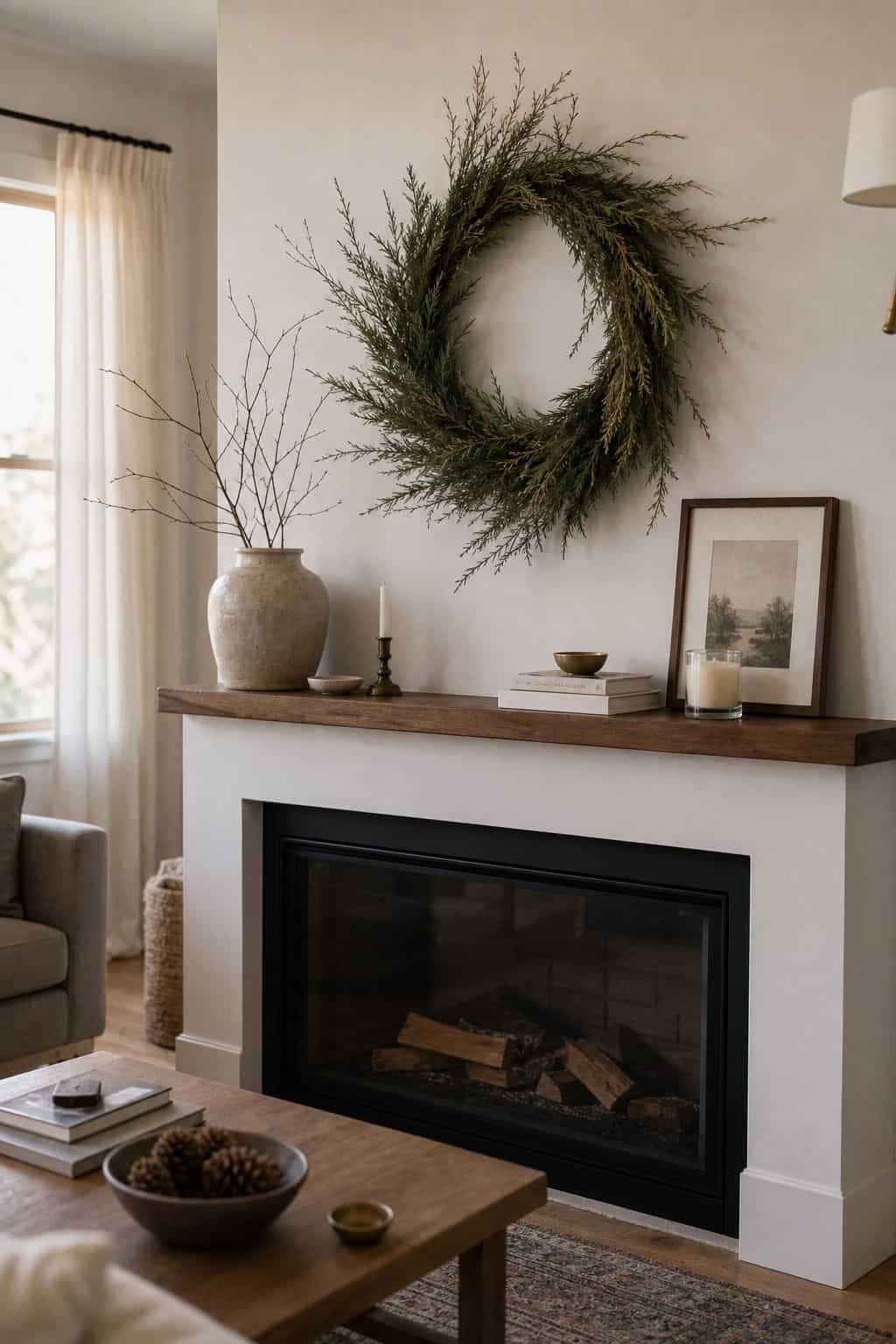 Hang a Simple Winter Wreath Above small apartment idea for Top 17 Winter Mantle Decor Ideas for Small Spaces.