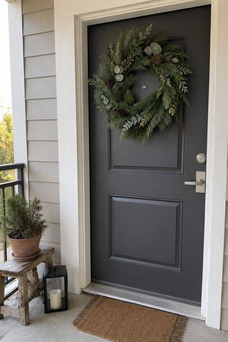 Replace the Holiday Wreath with a Mixed Evergreen One small apartment idea for Top 17 Winter Porch Decor Ideas for Apartments and Small Outdoor Spaces.
