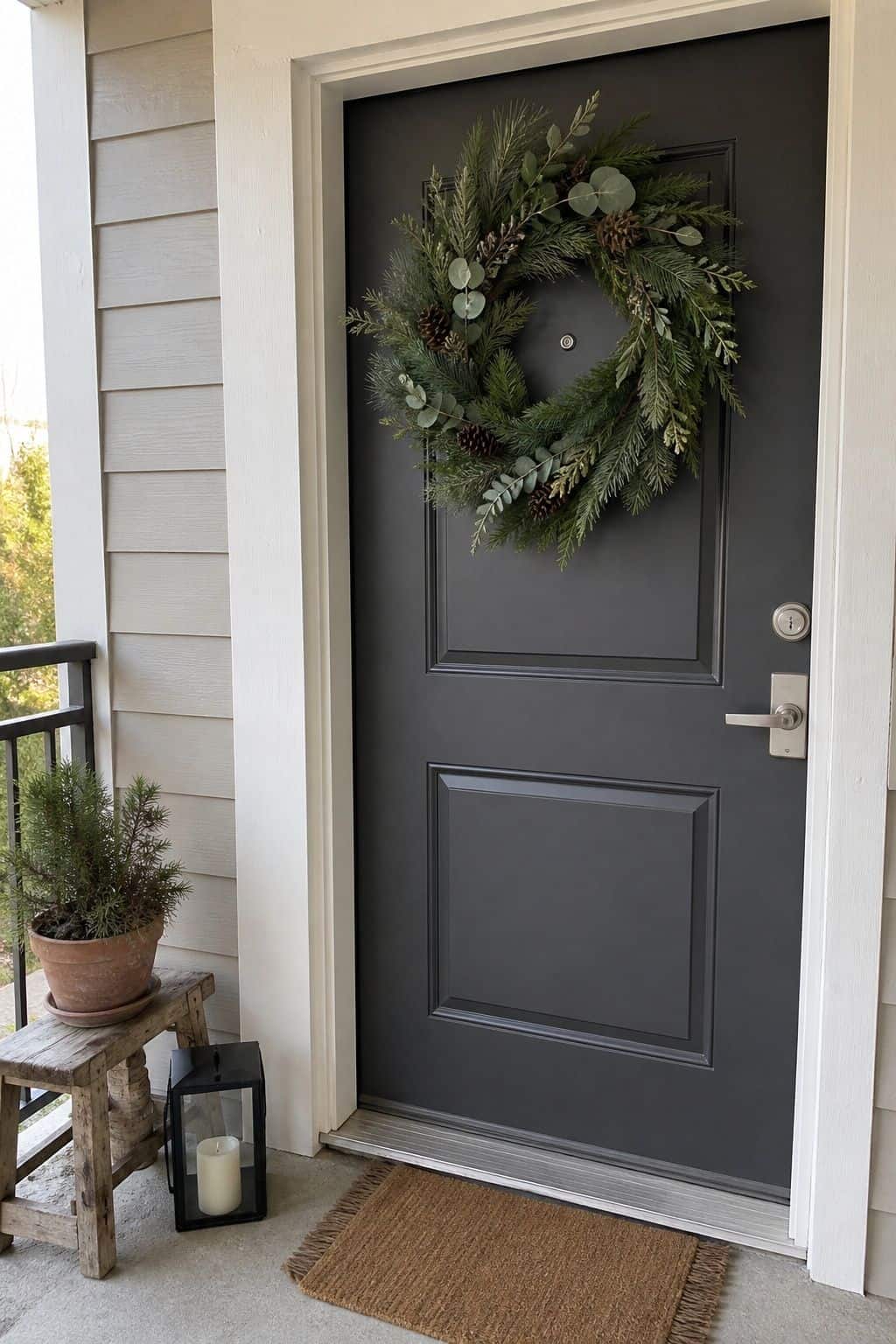 Replace the Holiday Wreath with a Mixed Evergreen One small apartment idea for Top 17 Winter Porch Decor Ideas for Apartments and Small Outdoor Spaces.