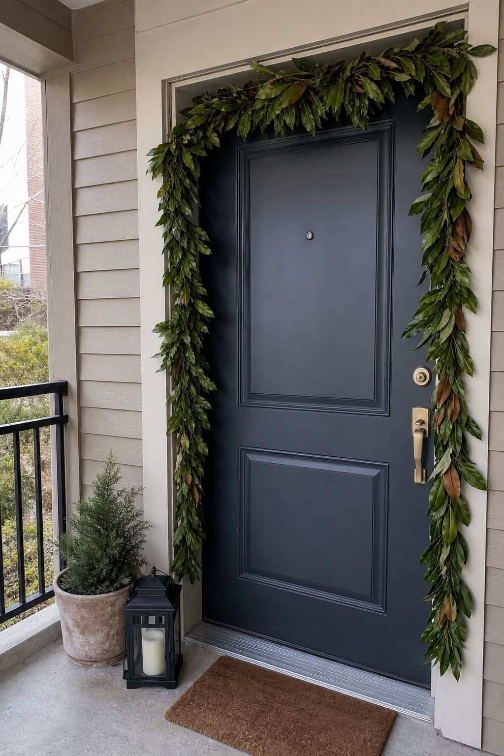 Swap Christmas Garland for Fresh Boxwood or Magnolia small apartment idea for Top 17 Winter Porch Decor Ideas for Apartments and Small Outdoor Spaces.