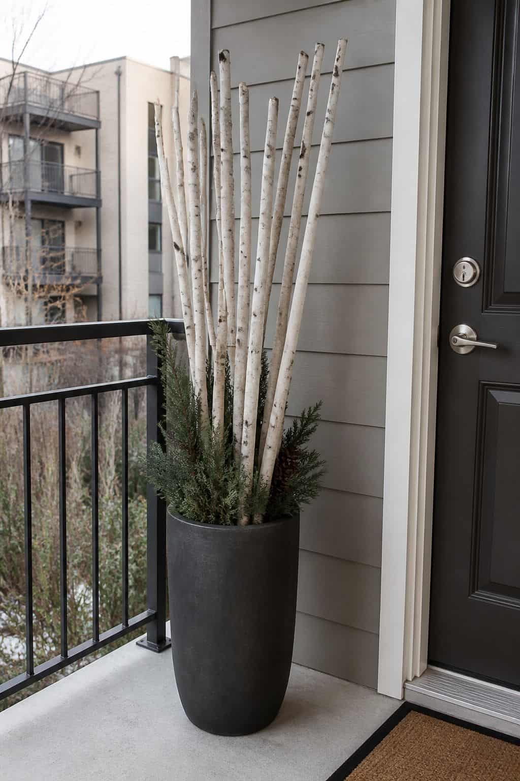 Use Birch Branches in a Tall Planter small apartment idea for Top 17 Winter Porch Decor Ideas for Apartments and Small Outdoor Spaces.