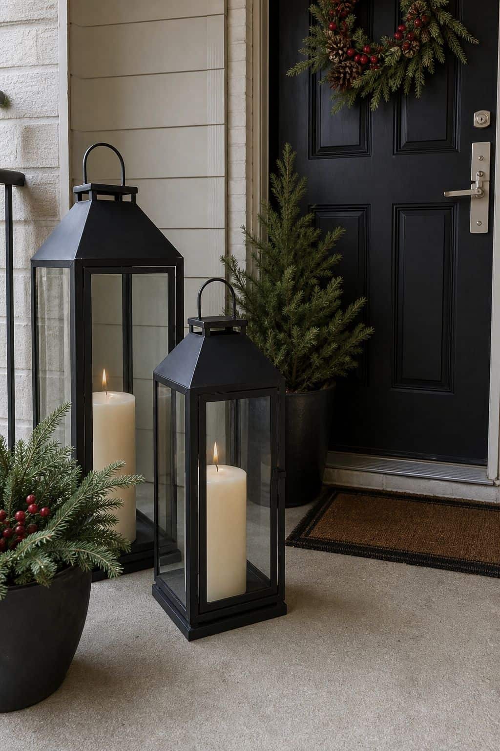 Use Two Oversized Floor Lanterns by the Door small apartment idea for Top 17 Winter Porch Decor Ideas for Apartments and Small Outdoor Spaces.