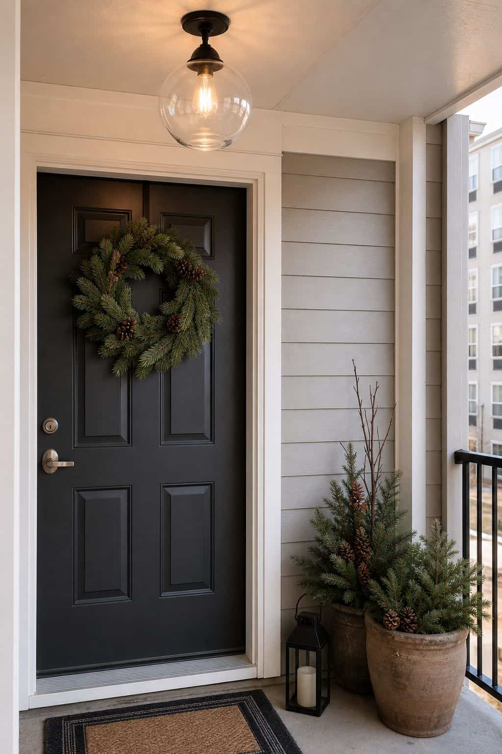 Hang a Pendant Light or Glass Globe Over the Door small apartment idea for Top 17 Winter Porch Decor Ideas for Apartments and Small Outdoor Spaces.