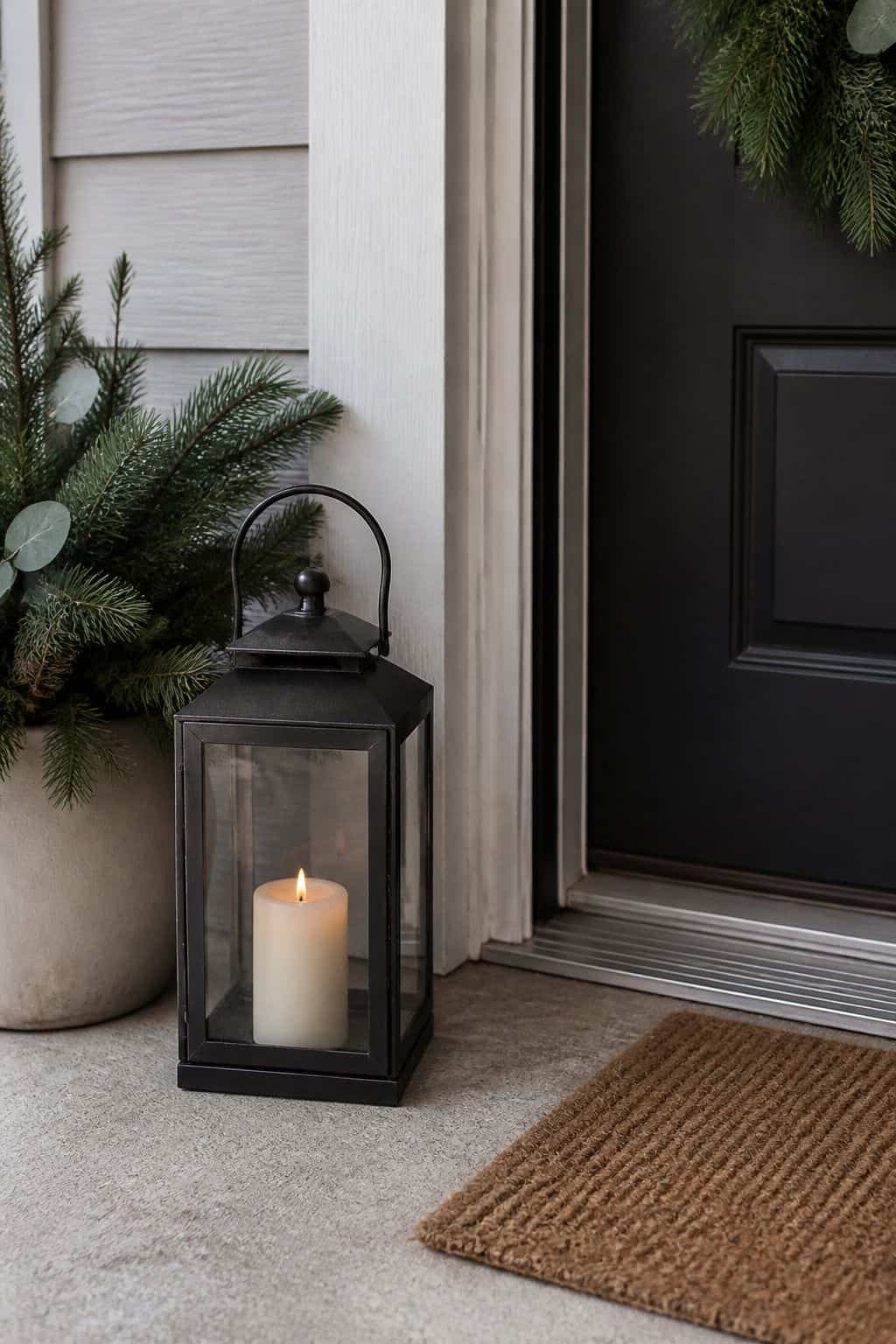 Add One Hurricane Lantern on the Floor small apartment idea for Top 17 Winter Porch Decor Ideas for Apartments and Small Outdoor Spaces.