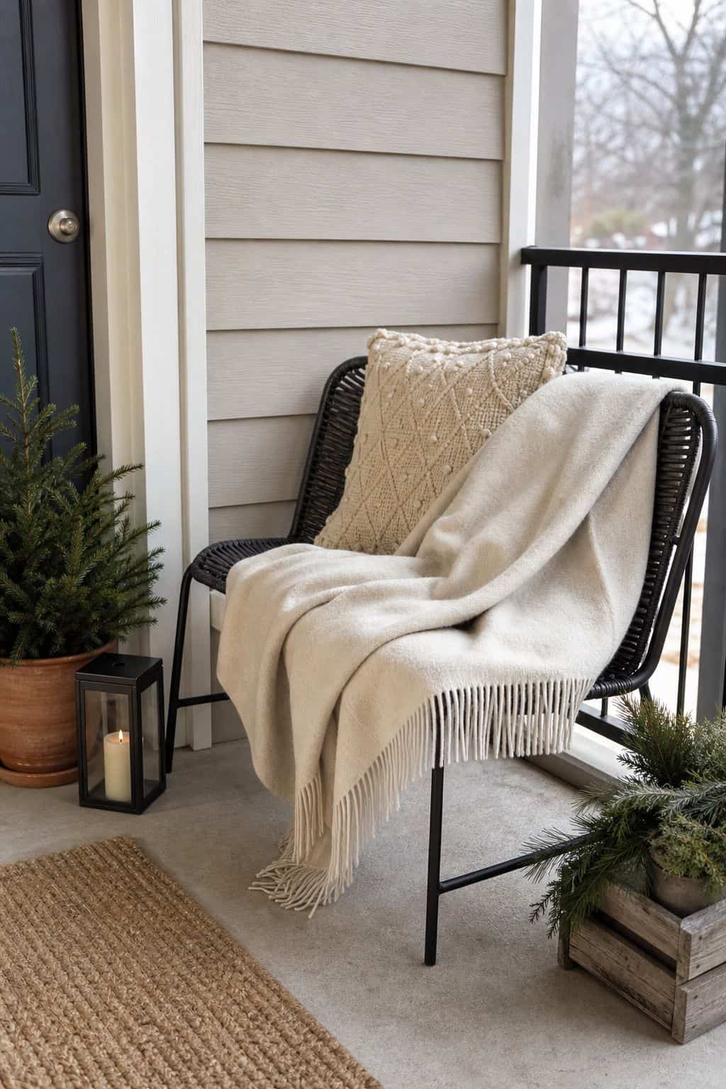 Drape a Wool Throw Over a Bench or Chair small apartment idea for Top 17 Winter Porch Decor Ideas for Apartments and Small Outdoor Spaces.