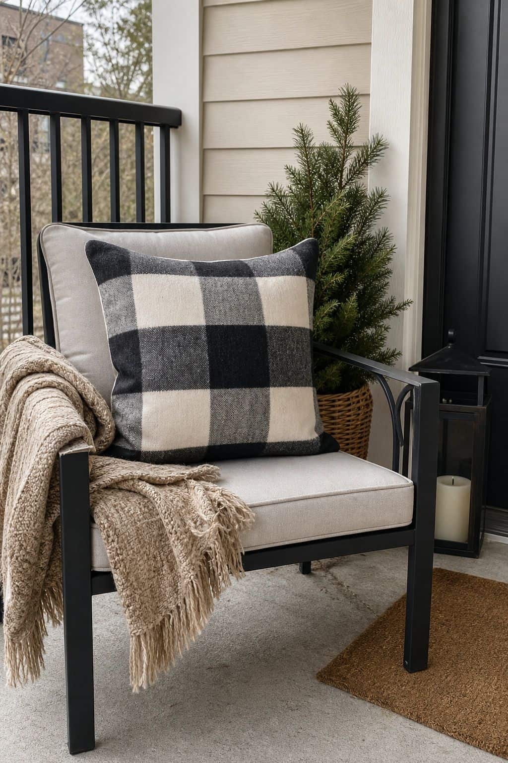 Use a Buffalo Plaid or Solid Wool Pillow small apartment idea for Top 17 Winter Porch Decor Ideas for Apartments and Small Outdoor Spaces.