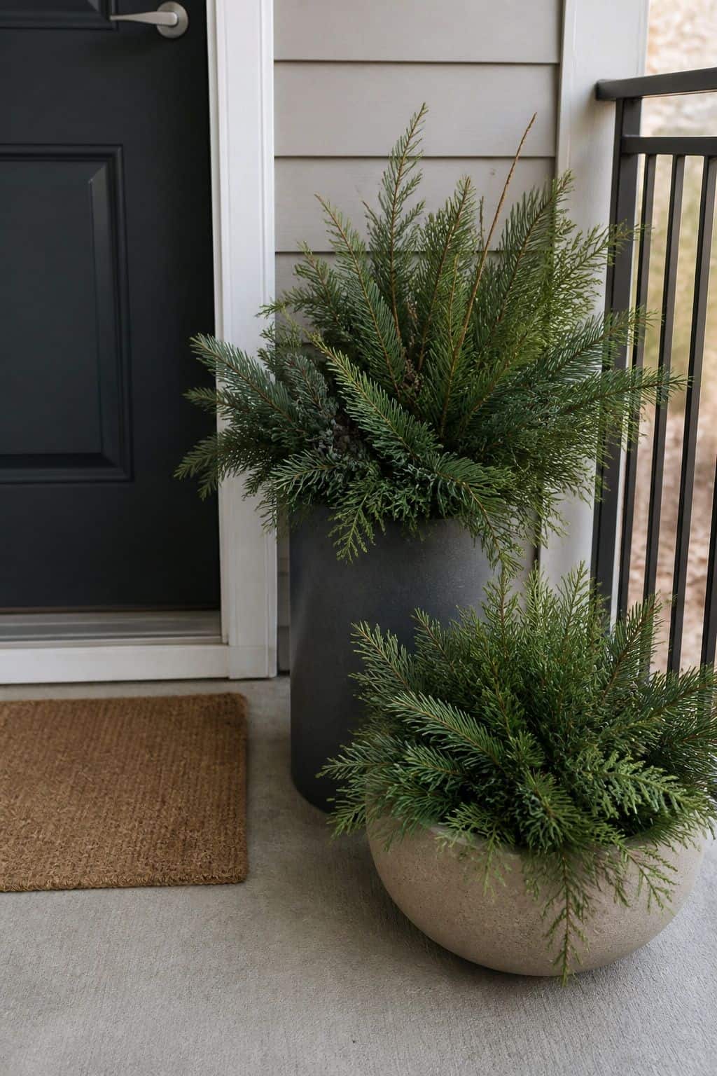 Fill Empty Planters with Cut Evergreen Branches small apartment idea for Top 17 Winter Porch Decor Ideas for Apartments and Small Outdoor Spaces.
