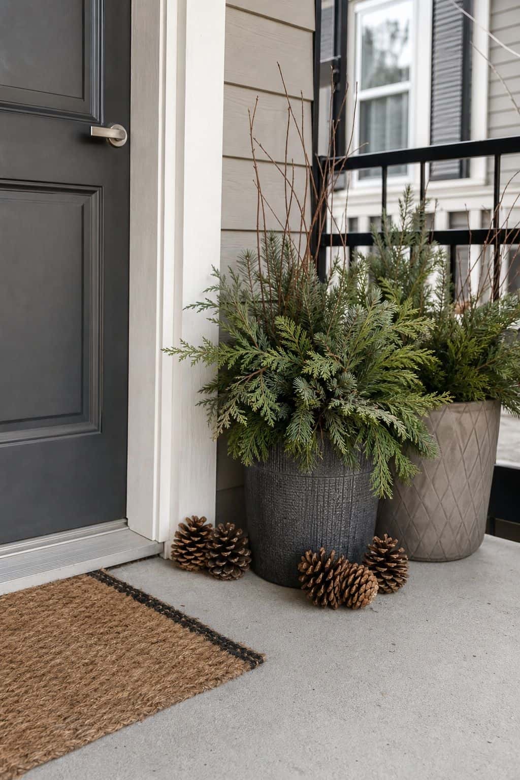 Add a Few Pinecones at the Base of Each Planter small apartment idea for Top 17 Winter Porch Decor Ideas for Apartments and Small Outdoor Spaces.