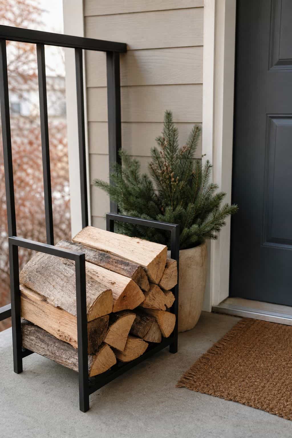 Set Out a Small Stack of Firewood, Even Decoratively small apartment idea for Top 17 Winter Porch Decor Ideas for Apartments and Small Outdoor Spaces.