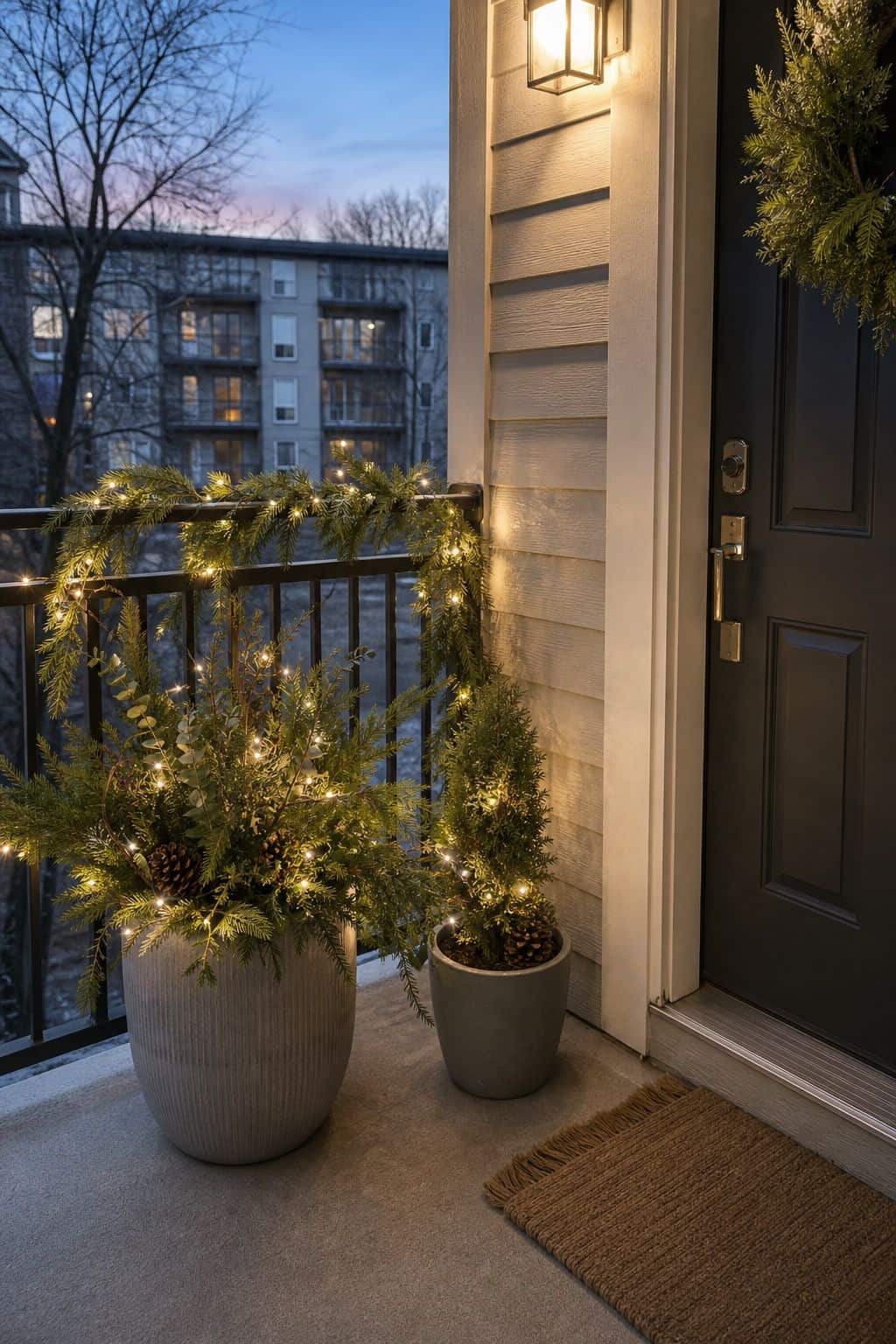 Use White Twinkle Lights After January 6 small apartment idea for Top 17 Winter Porch Decor Ideas for Apartments and Small Outdoor Spaces.