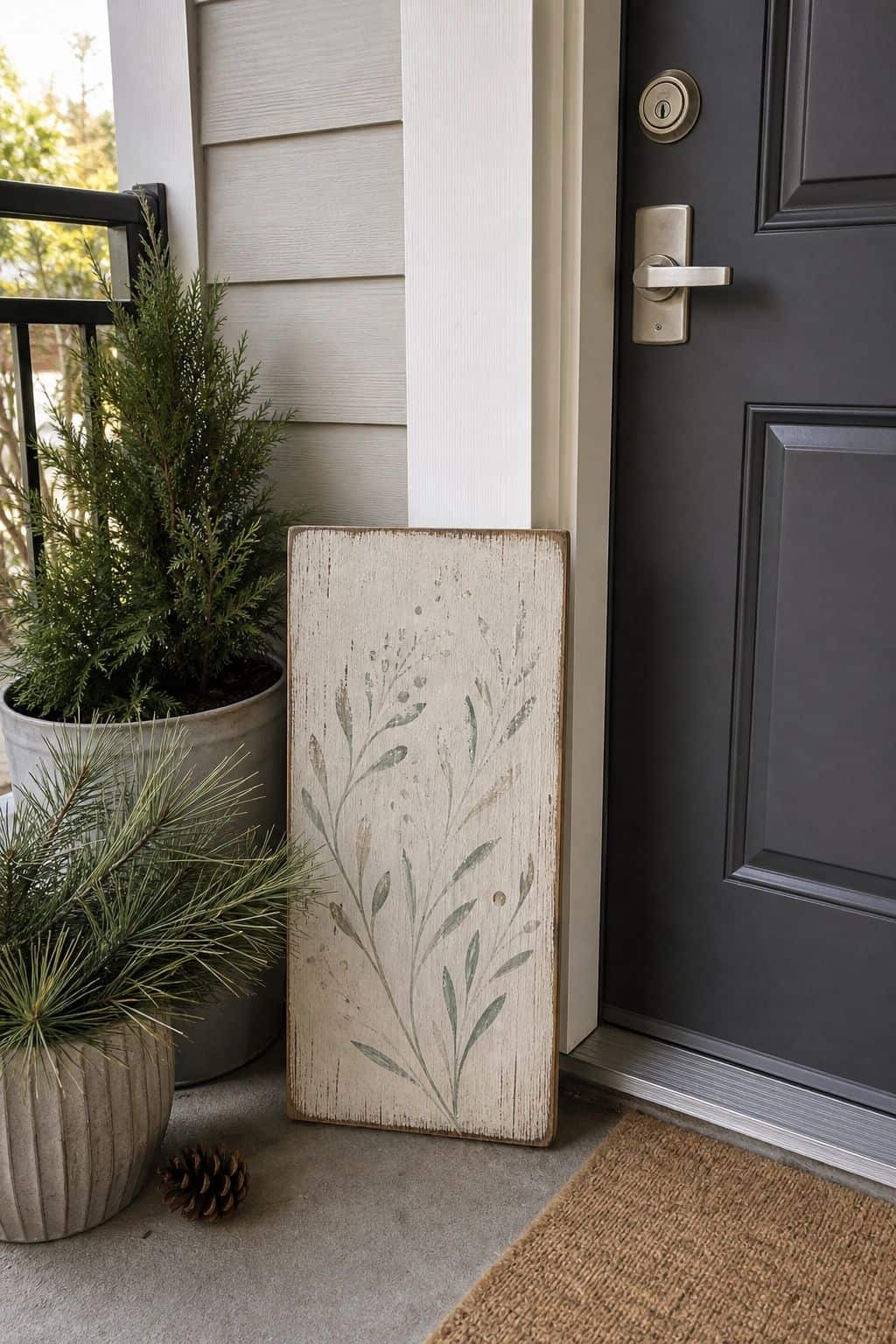 Add a Hand-Painted Sign in Subtle Lettering small apartment idea for Top 17 Winter Porch Decor Ideas for Apartments and Small Outdoor Spaces.