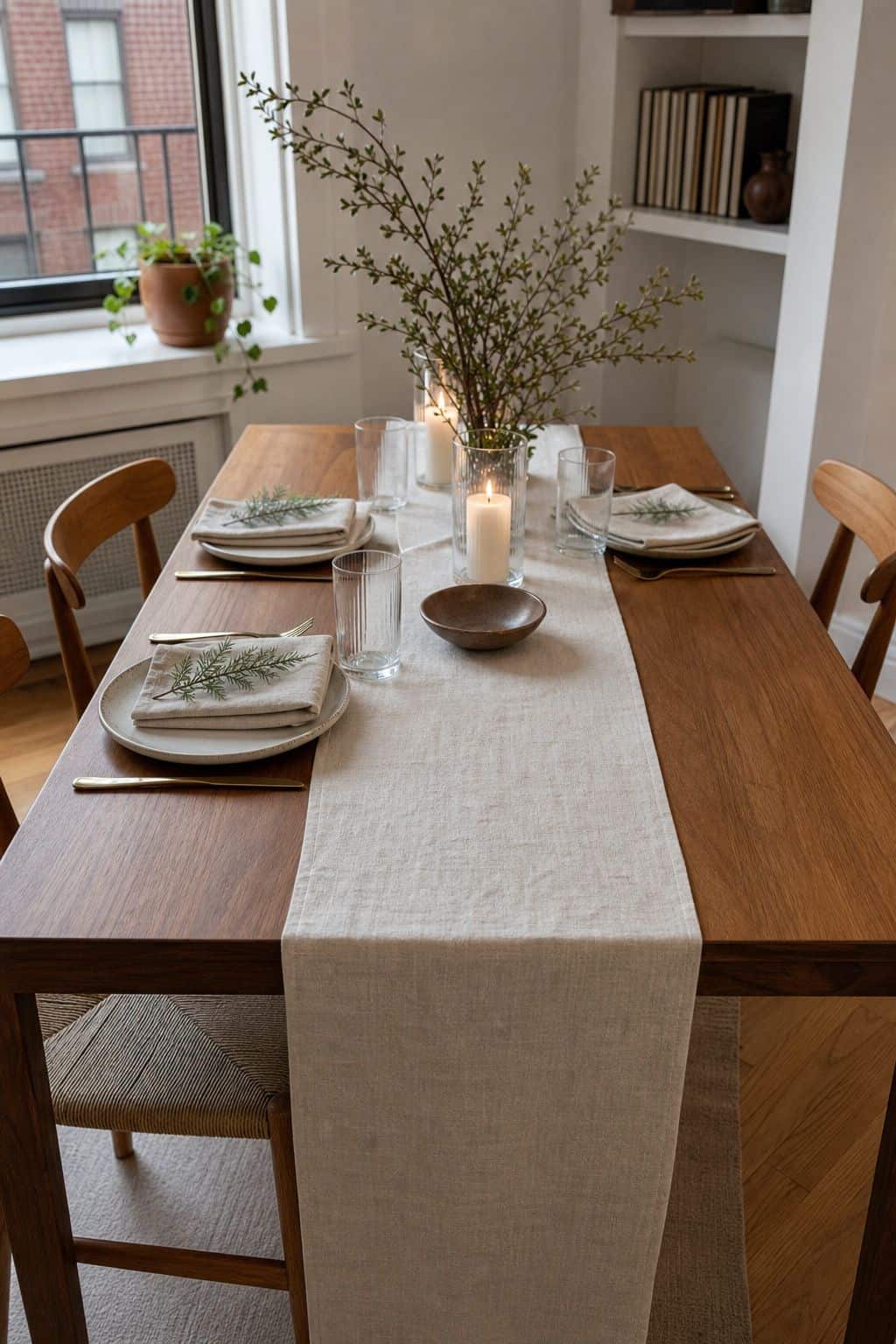 Cream or Oat Linen Runner Down the Center small apartment idea for Top 16 Winter Table Decor Ideas for Small Apartments.