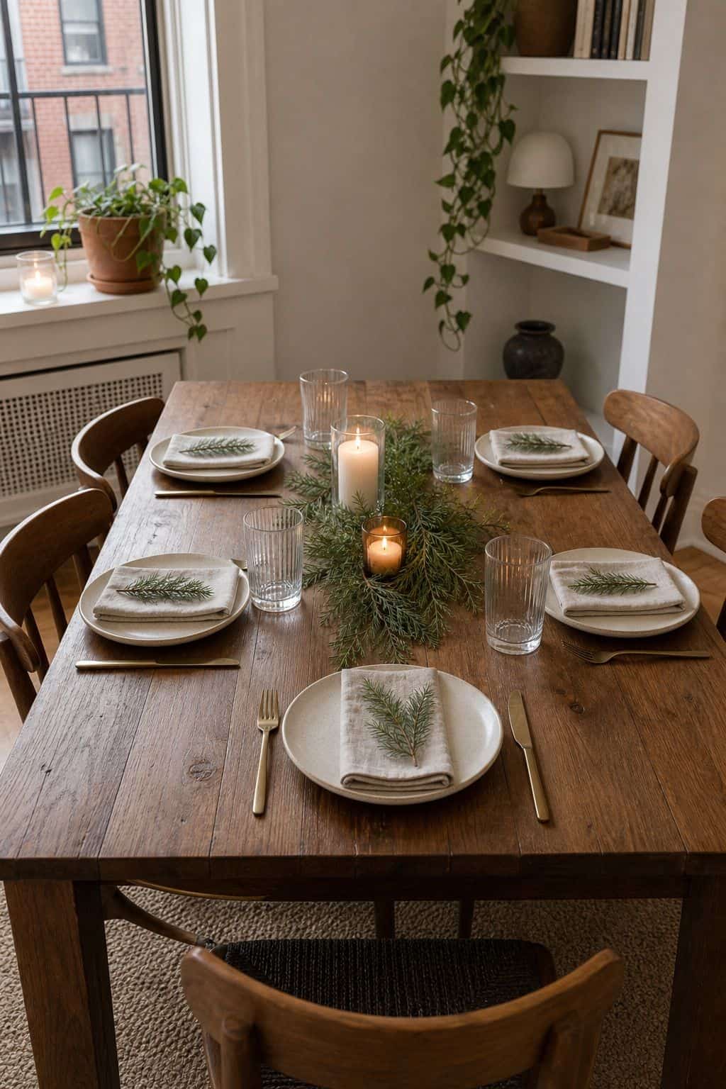 Skip the Tablecloth, Use Bare Wood as Anchor small apartment idea for Top 16 Winter Table Decor Ideas for Small Apartments.