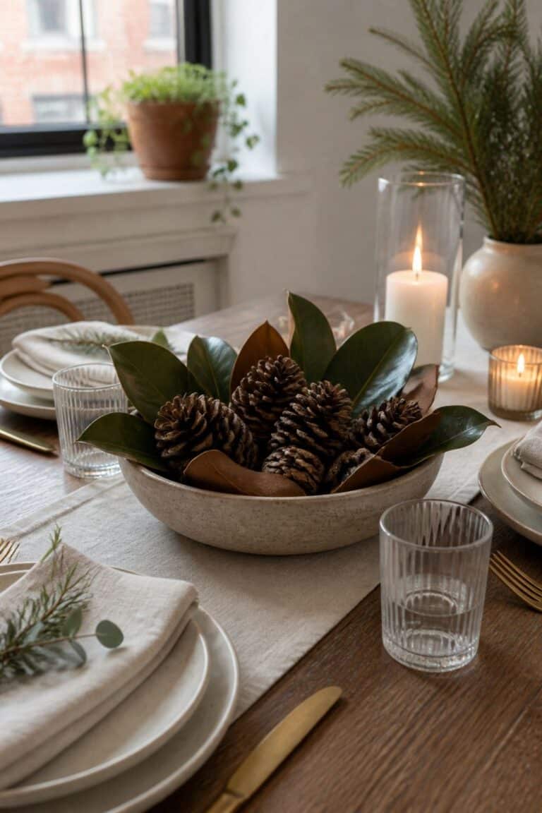 Low Bowl of Pinecones and Magnolia Leaves small apartment idea for Top 16 Winter Table Decor Ideas for Small Apartments.