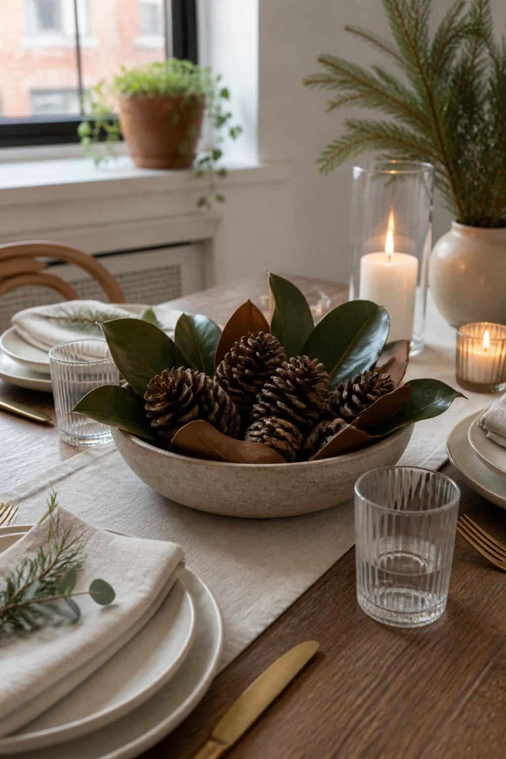 Low Bowl of Pinecones and Magnolia Leaves small apartment idea for Top 16 Winter Table Decor Ideas for Small Apartments.