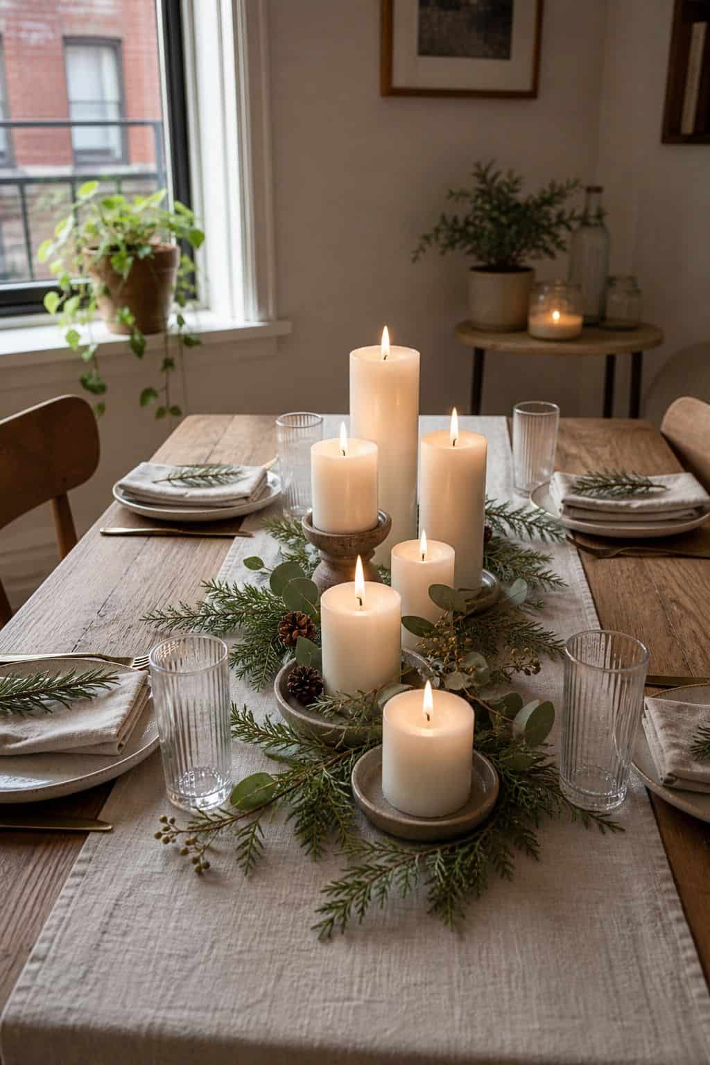White Pillar Candles in Mixed Heights small apartment idea for Top 16 Winter Table Decor Ideas for Small Apartments.