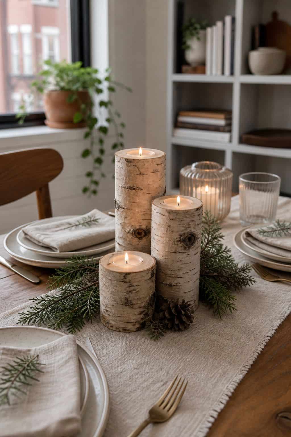 Birch Candle Holders for Texture small apartment idea for Top 16 Winter Table Decor Ideas for Small Apartments.
