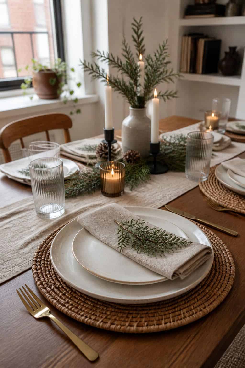 Layer Plates with a Wood or Rattan Charger small apartment idea for Top 16 Winter Table Decor Ideas for Small Apartments.