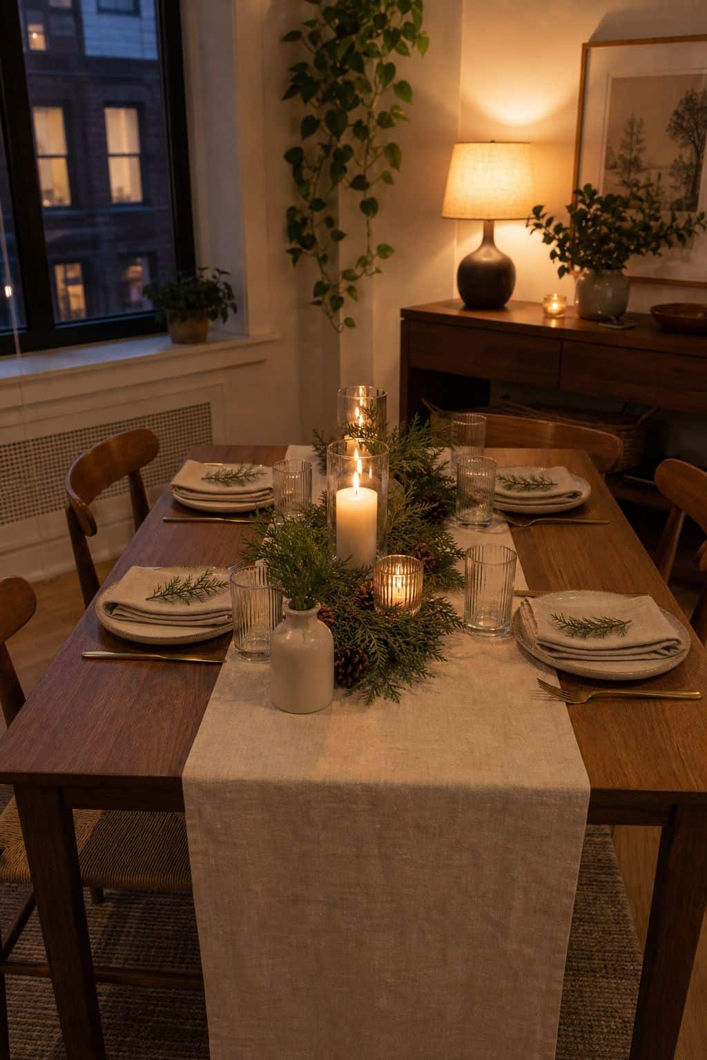 Dim the Overhead, Add a Side Lamp small apartment idea for Top 16 Winter Table Decor Ideas for Small Apartments.