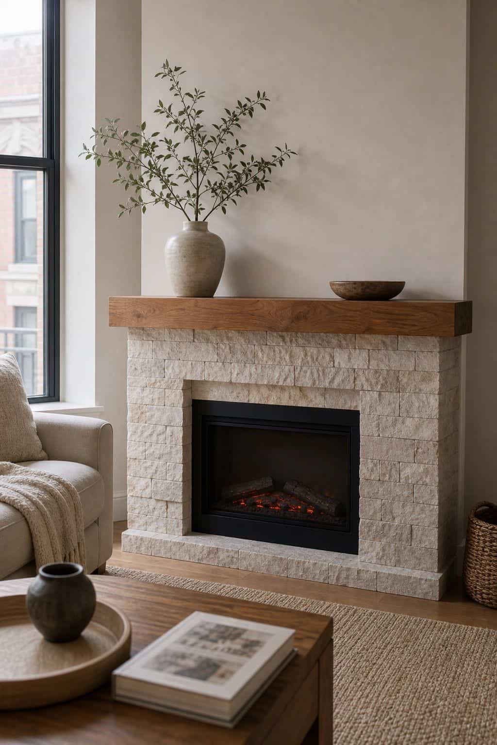 Use Warm Wood and Textured Stone small apartment idea for Top 17 Zen Fireplace Mantel Home Decor Ideas for Small Spaces.