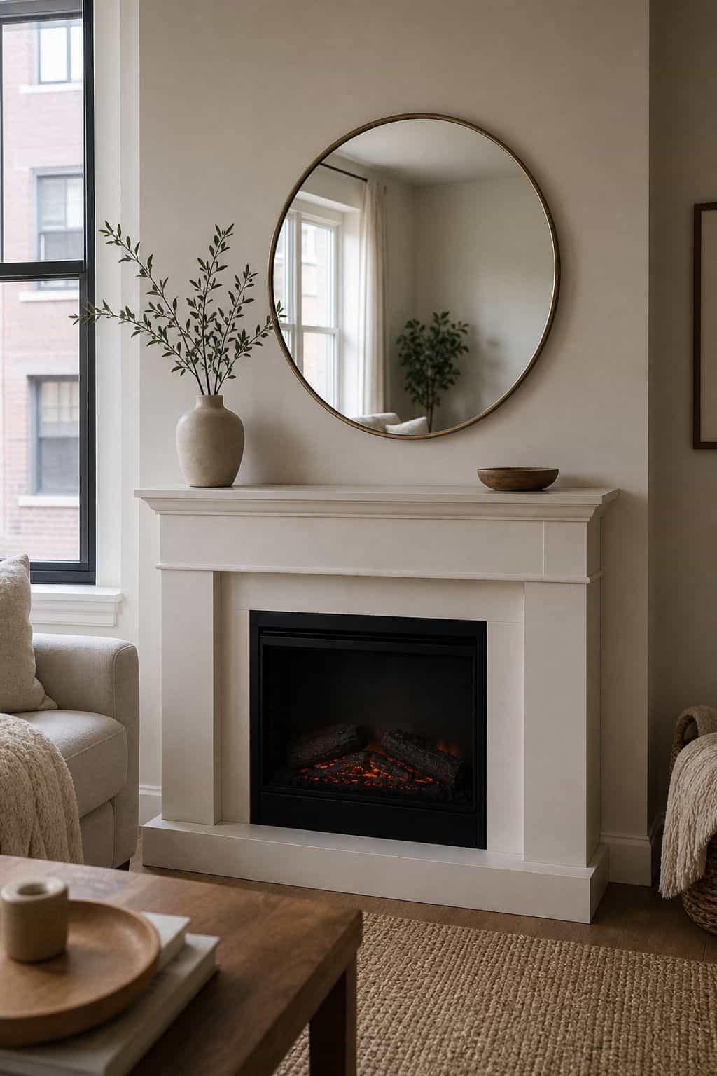 Style With a Round or Organic Mirror small apartment idea for Top 17 Zen Fireplace Mantel Home Decor Ideas for Small Spaces.