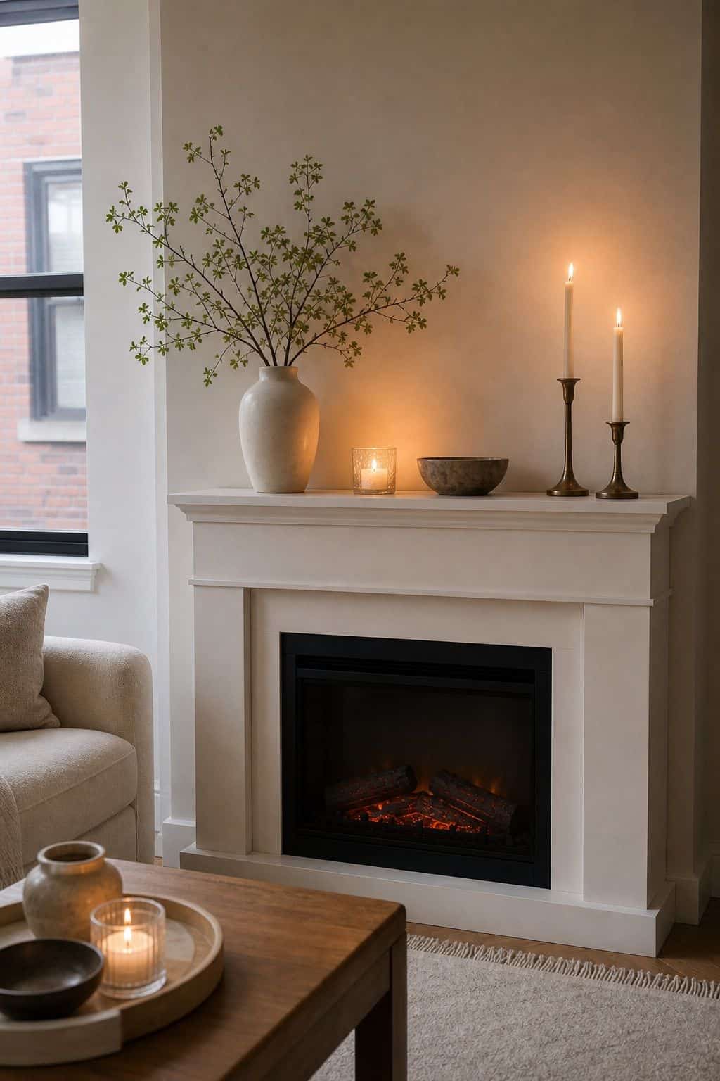 Add Candlelight for a Soft Glow small apartment idea for Top 17 Zen Fireplace Mantel Home Decor Ideas for Small Spaces.