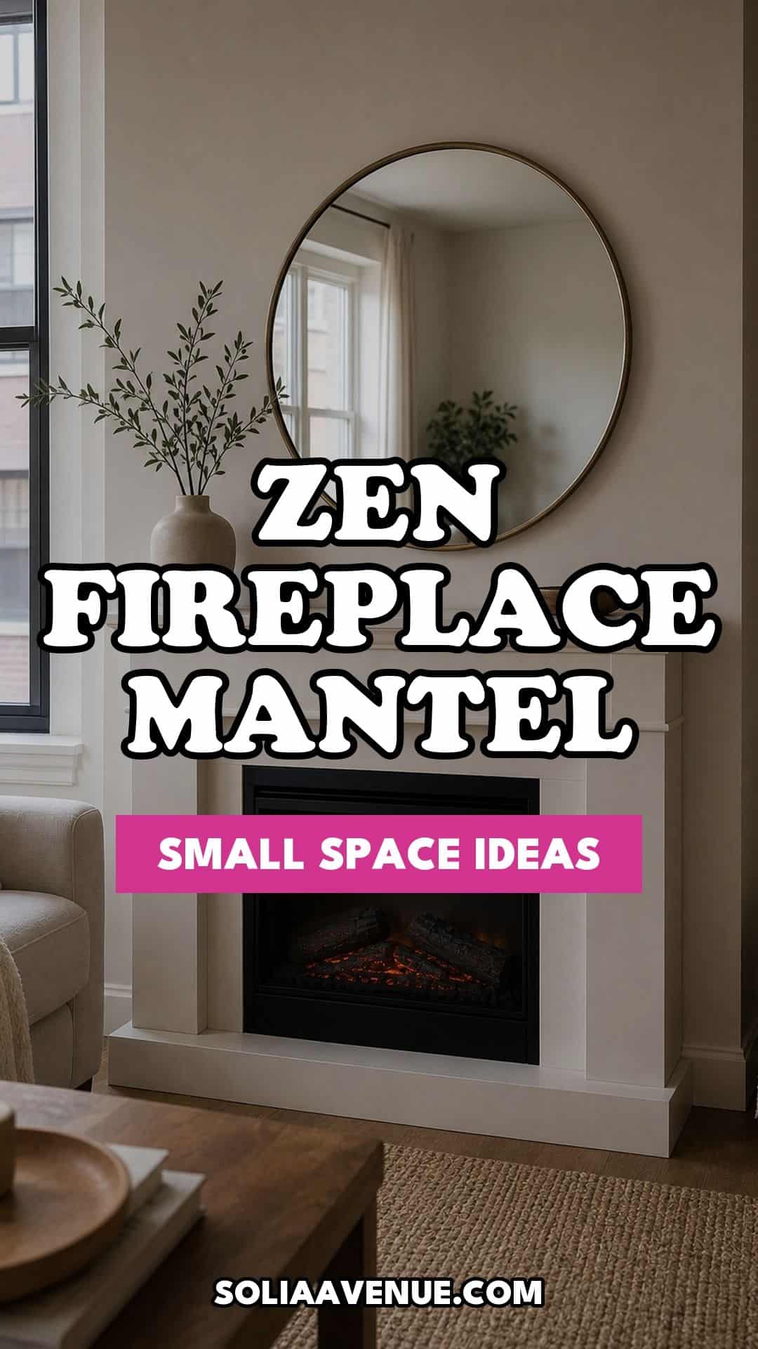 Pinterest pin for Top 17 Zen Fireplace Mantel Home Decor Ideas for Small Spaces from Solia Avenue.