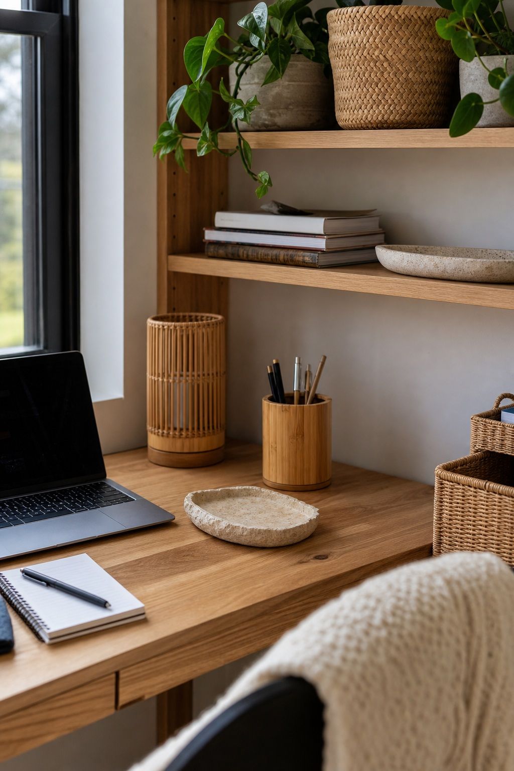 Bring In Natural Wood, Stone, and Bamboo small apartment idea for Top 16 Zen Home Office Decor Ideas for Small Apartments.