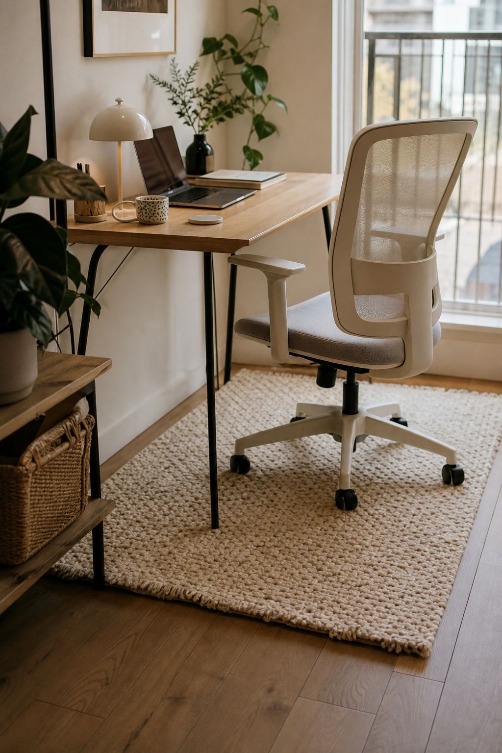 Add a Soft Rug Underfoot for Grounding small apartment idea for Top 16 Zen Home Office Decor Ideas for Small Apartments.