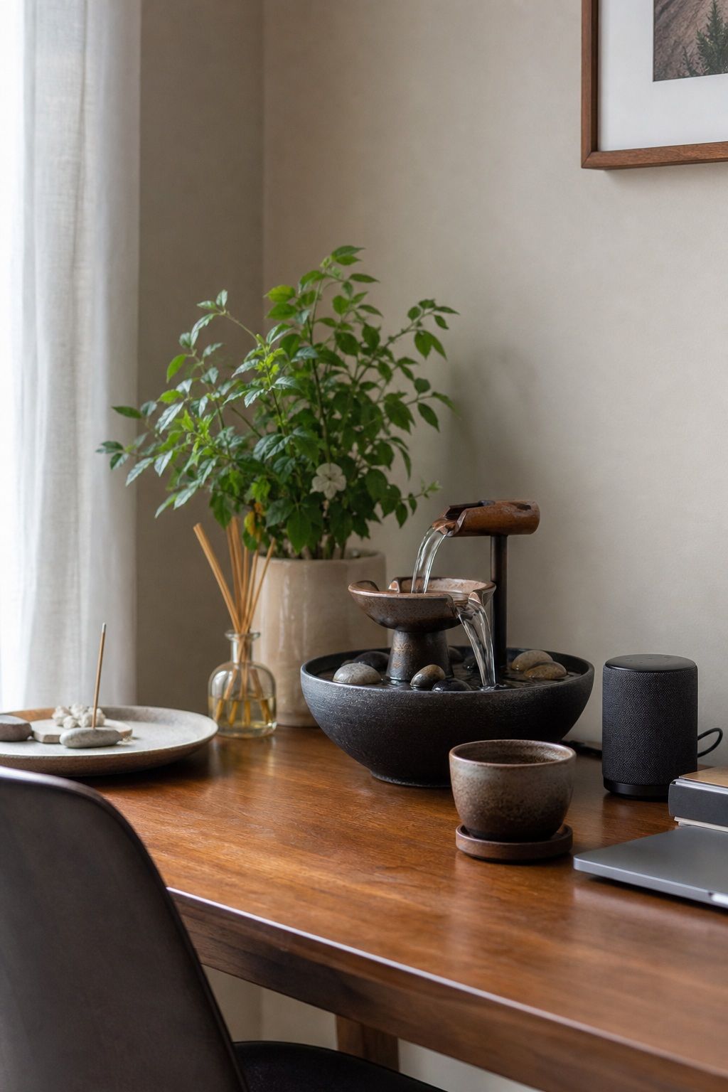 Bring in a Small Element of Water or Sound small apartment idea for Top 16 Zen Home Office Decor Ideas for Small Apartments.