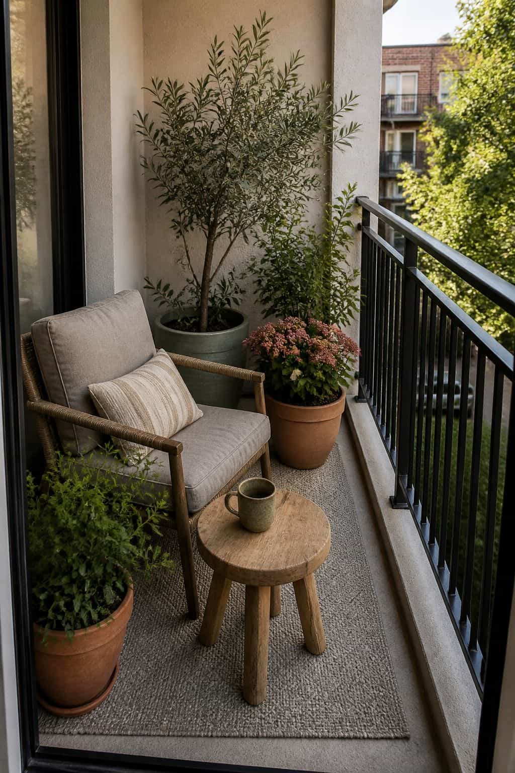 Keep an Earthy, Cohesive Color Palette small apartment idea for Top 18 Zen Porch Home Decor Ideas for Apartments and Small Outdoor Spaces.