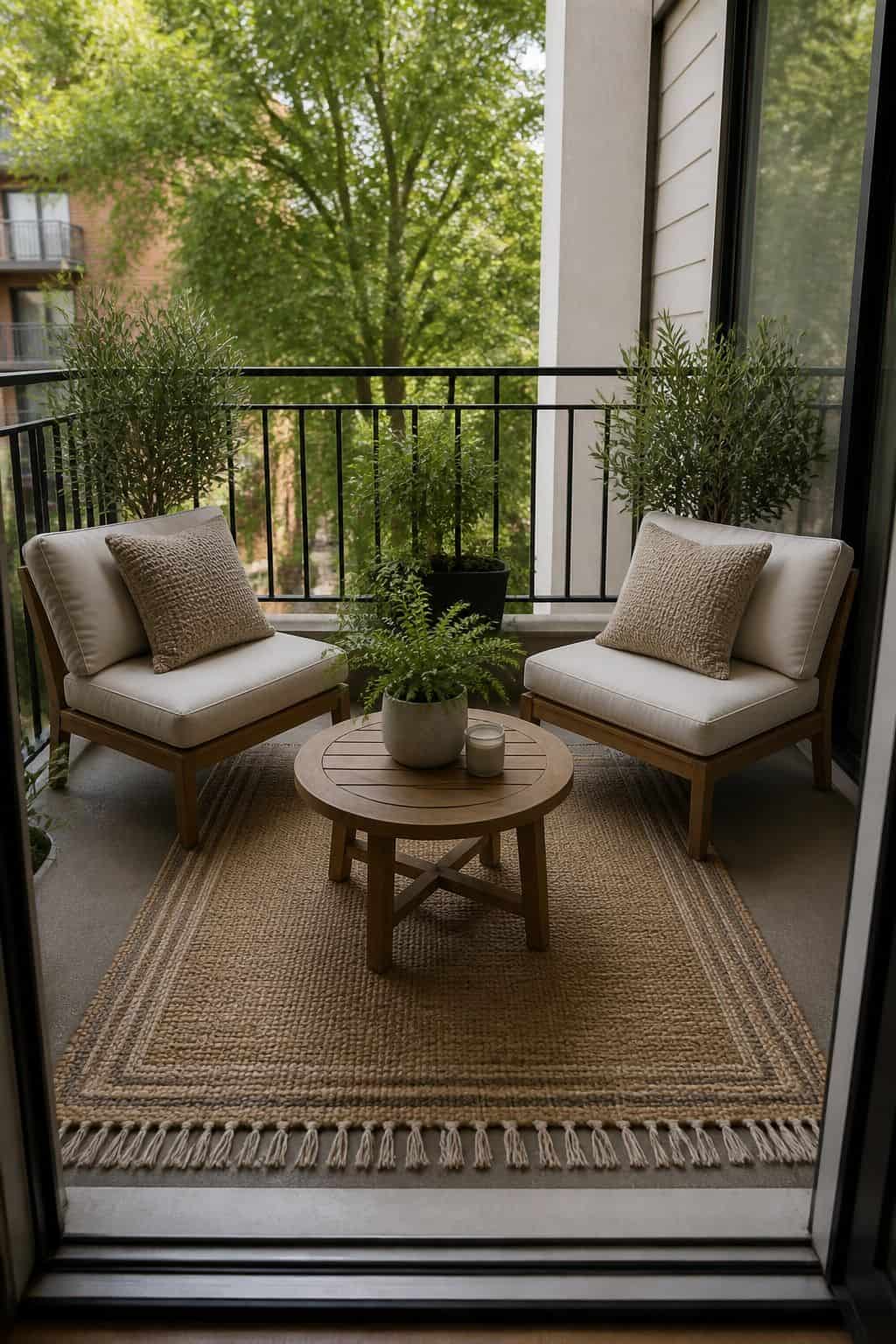 Arrange Furniture Symmetrically for Balance small apartment idea for Top 18 Zen Porch Home Decor Ideas for Apartments and Small Outdoor Spaces.