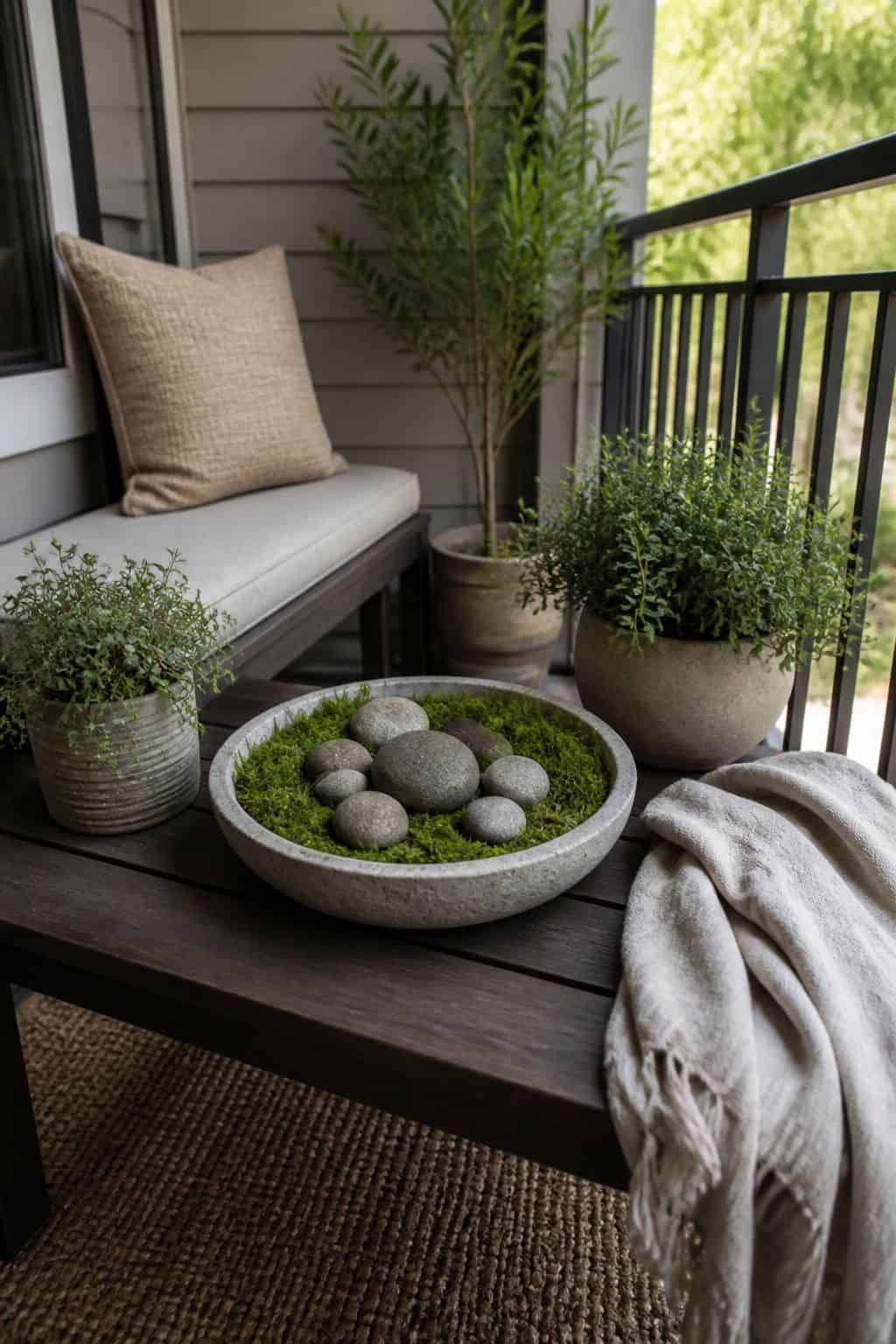 Create a Calm Centerpiece or Focal Point small apartment idea for Top 18 Zen Porch Home Decor Ideas for Apartments and Small Outdoor Spaces.