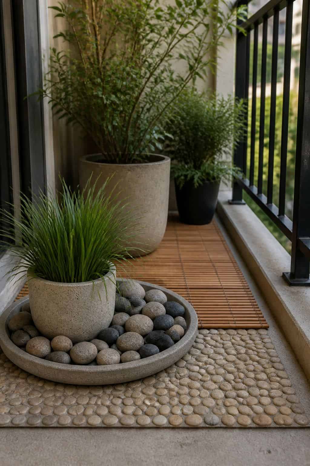 Use River Stones and Natural Ground Elements small apartment idea for Top 18 Zen Porch Home Decor Ideas for Apartments and Small Outdoor Spaces.