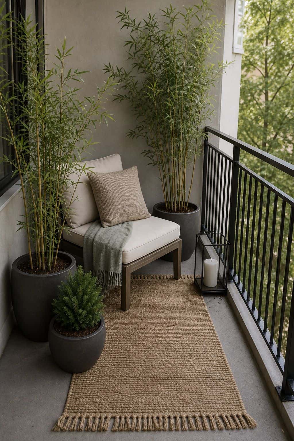 Add Bamboo or Dwarf Conifers for Greenery small apartment idea for Top 18 Zen Porch Home Decor Ideas for Apartments and Small Outdoor Spaces.