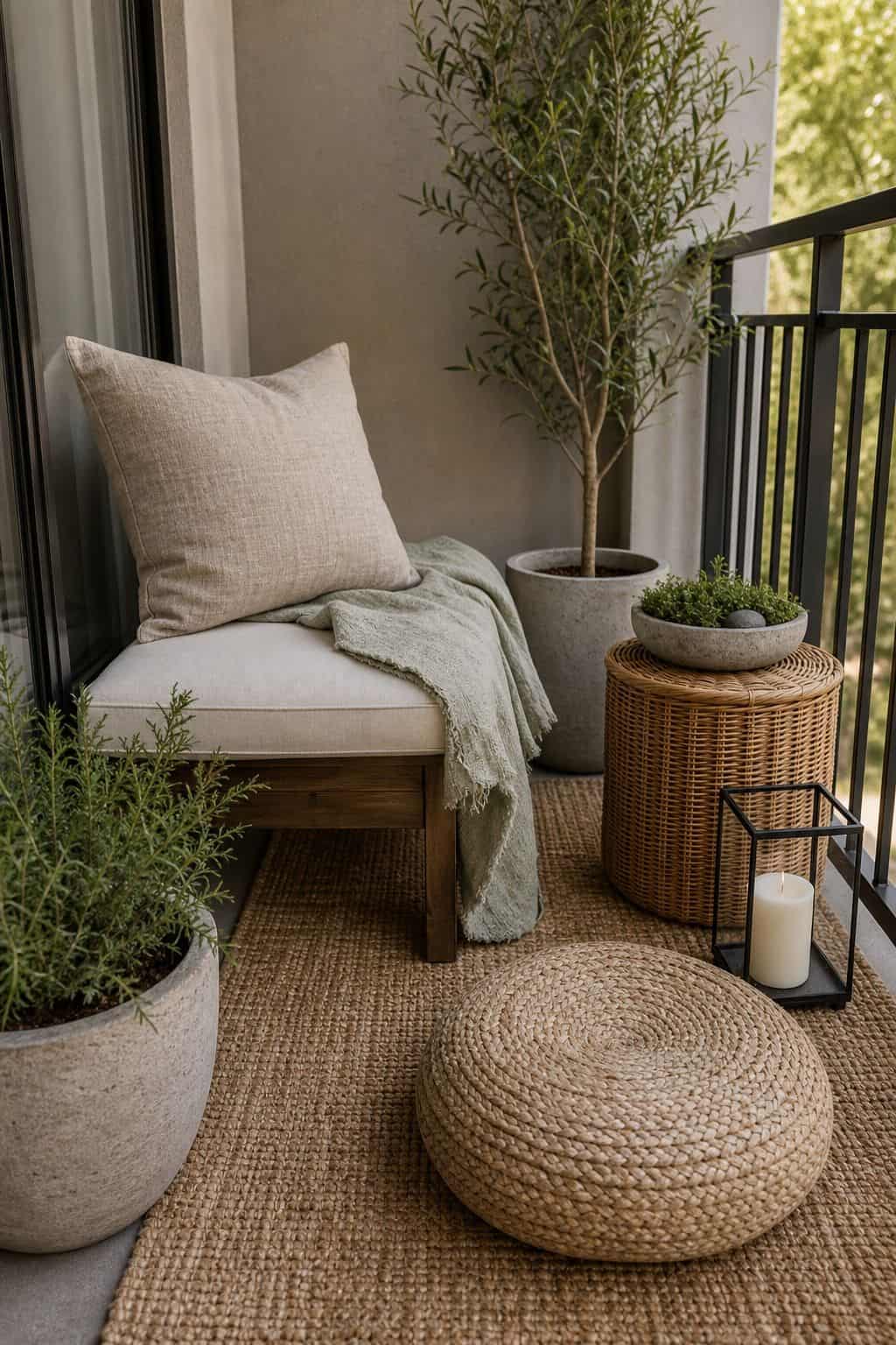 Layer in Natural-Fiber Textiles small apartment idea for Top 18 Zen Porch Home Decor Ideas for Apartments and Small Outdoor Spaces.